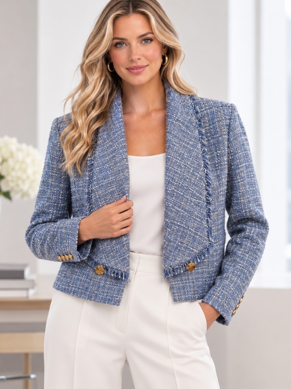 Donna Karan New York Light Blue Tweed Fringed Cropped Blazer Old Money Capsule